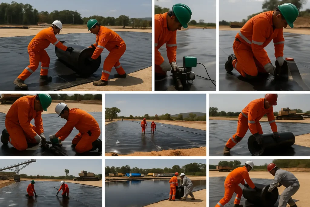 Banner ilustrando aplicação de geossintetico na Amazônia Legal com equipe Solutec-AM instalando geomembrana PEAD em obra de impermeabilização