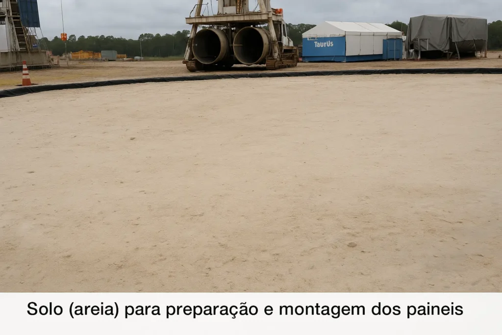 Preparação do solo de areia para montagem de painéis de geomembrana PEAD executada pela equipe Solutec-AM na Baía do São Francisco (AM), garantindo base nivelada e limpa antes da soldagem.